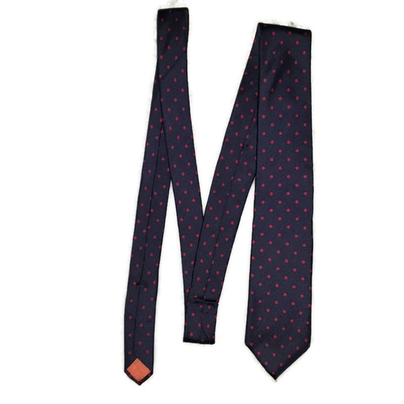 John Henry 100% Italian silk mens tie navy blue with red polka-dots - Picture 8 of 9
